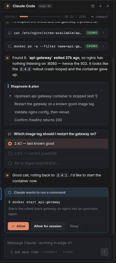 The Claude Code dock diagnosing a 502 incident — thinking, tool runs, a diagnosis report and a question about which image tag to roll back to