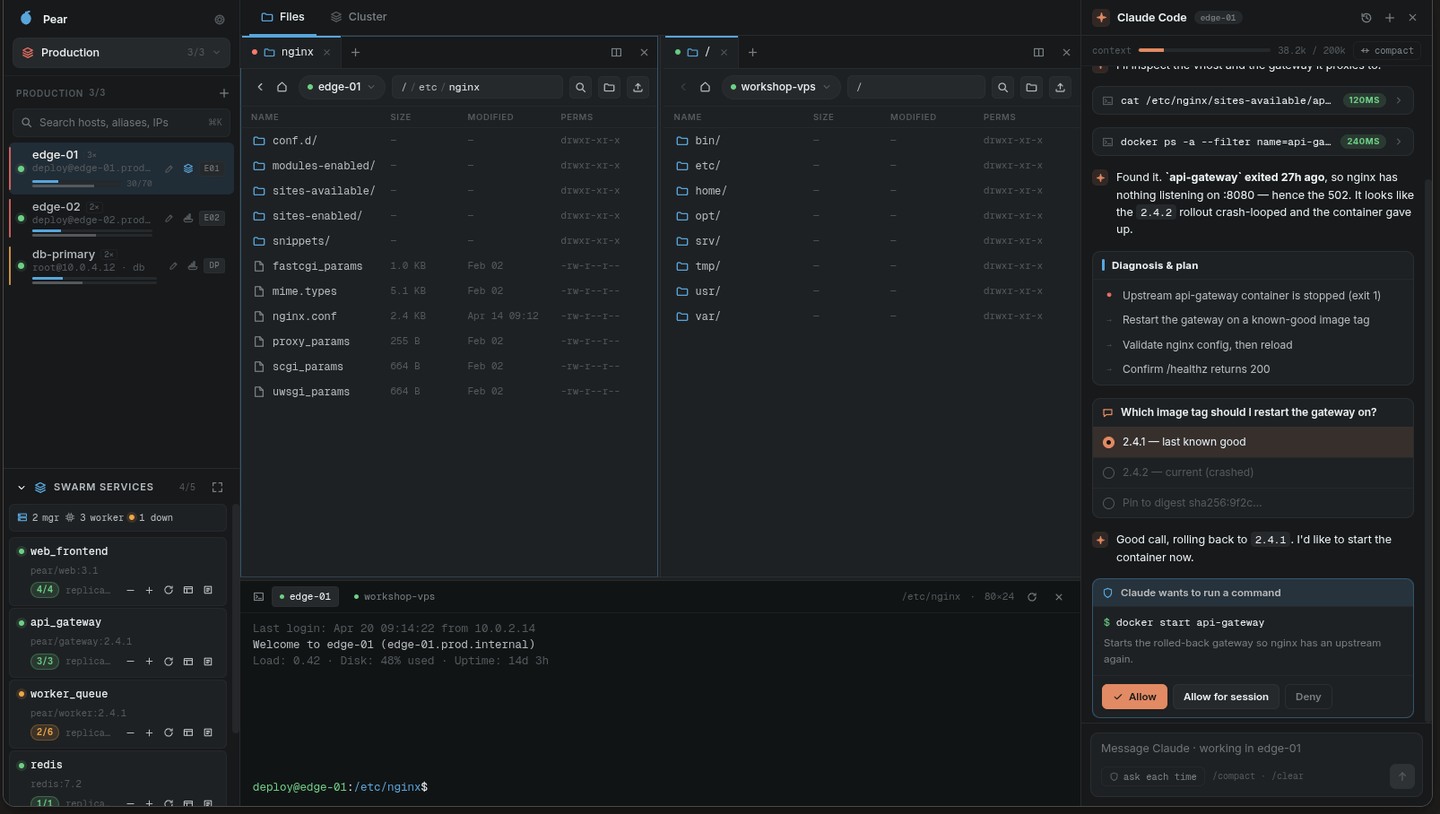 Pear desktop workspace showing hosts, file browser, terminal and the Claude assistant