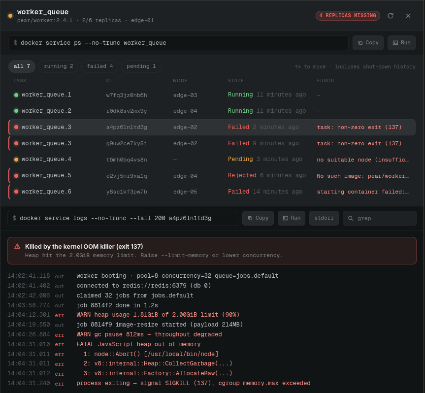 Swarm task inspector drawer showing docker service ps output and streamed task logs